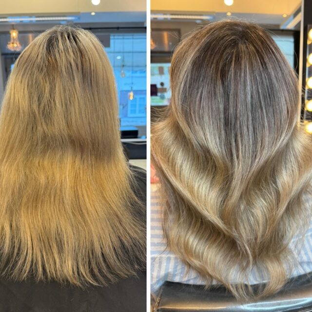 Ett sommarblekt hår med markant utväxt fick ett mer tonat utseende där naturella toner vävs med diskreta ljusa slingor för att få mer djup och ett mer naturligt utseende.